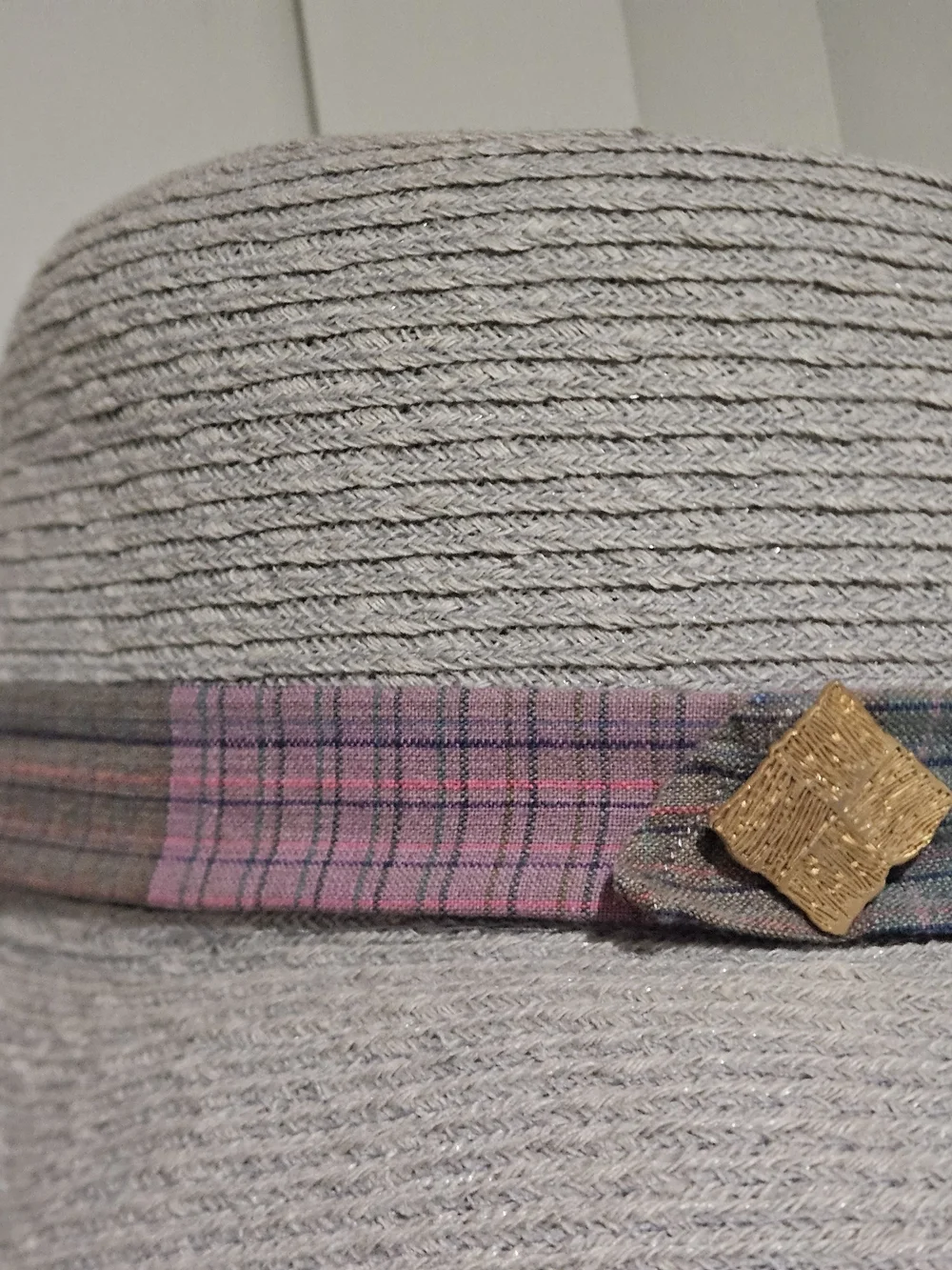 Wide Brim Hemp Blend Sun Hat Gray Plaid Band Lightweight Resort Boho - Picture 4 of 13